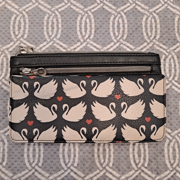 Relic Handbags - Relic Black White Swan With Red Heart Pattern Cell Phone Holder Wallet